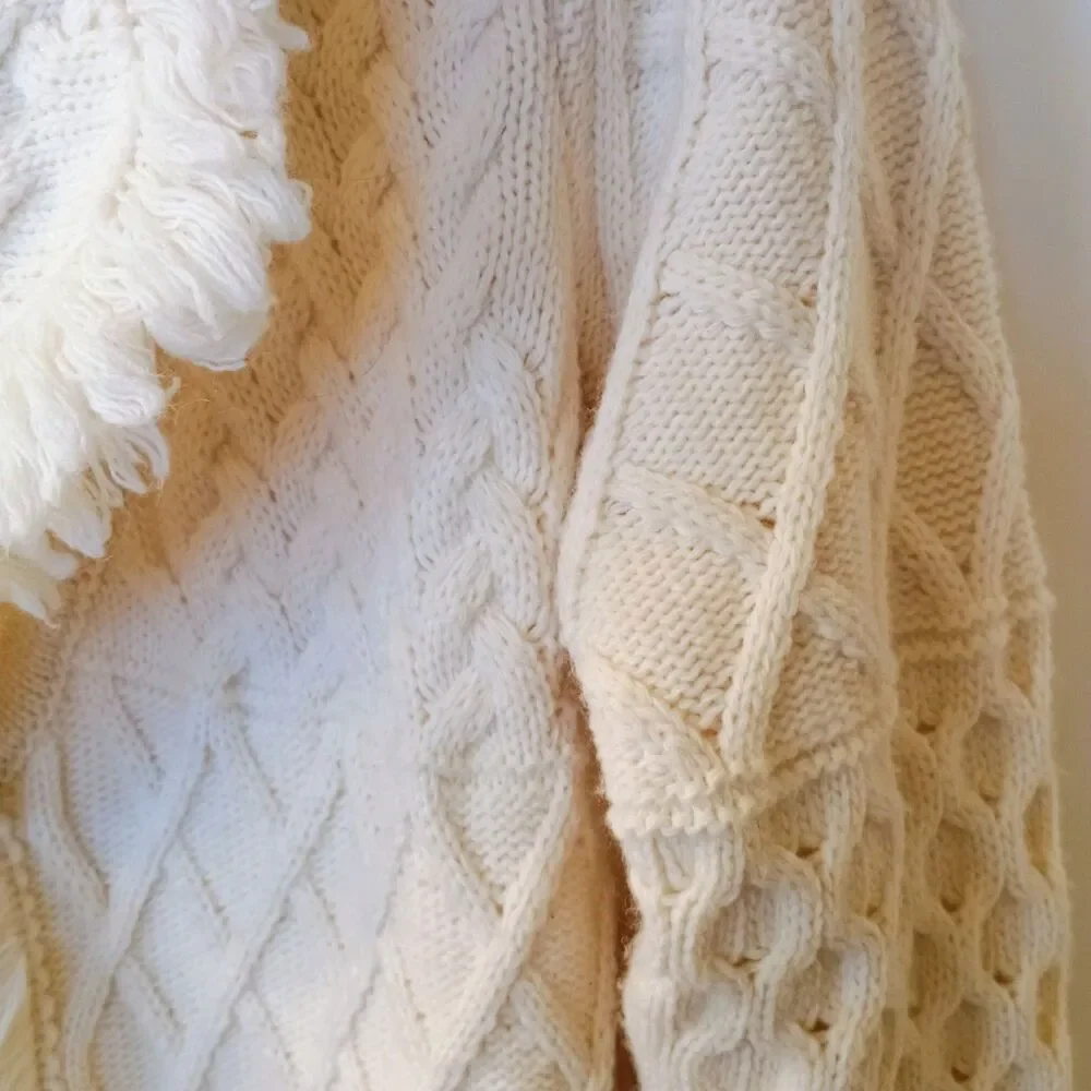 Cocogio Women’s Small Ivory Cream Cable Knit Fringe Open Cardigan Sweater
